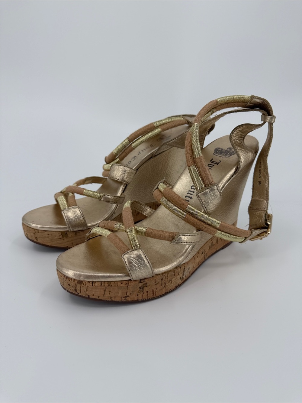 Juicy Couture Metallic Gold Cork Wedge Sandals - Women's Strappy Wedges